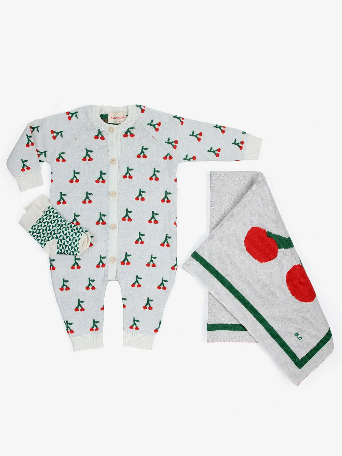 Bobo Choses - zestaw prezentowy z merino Baby Cherry all over knitted overall  gift set